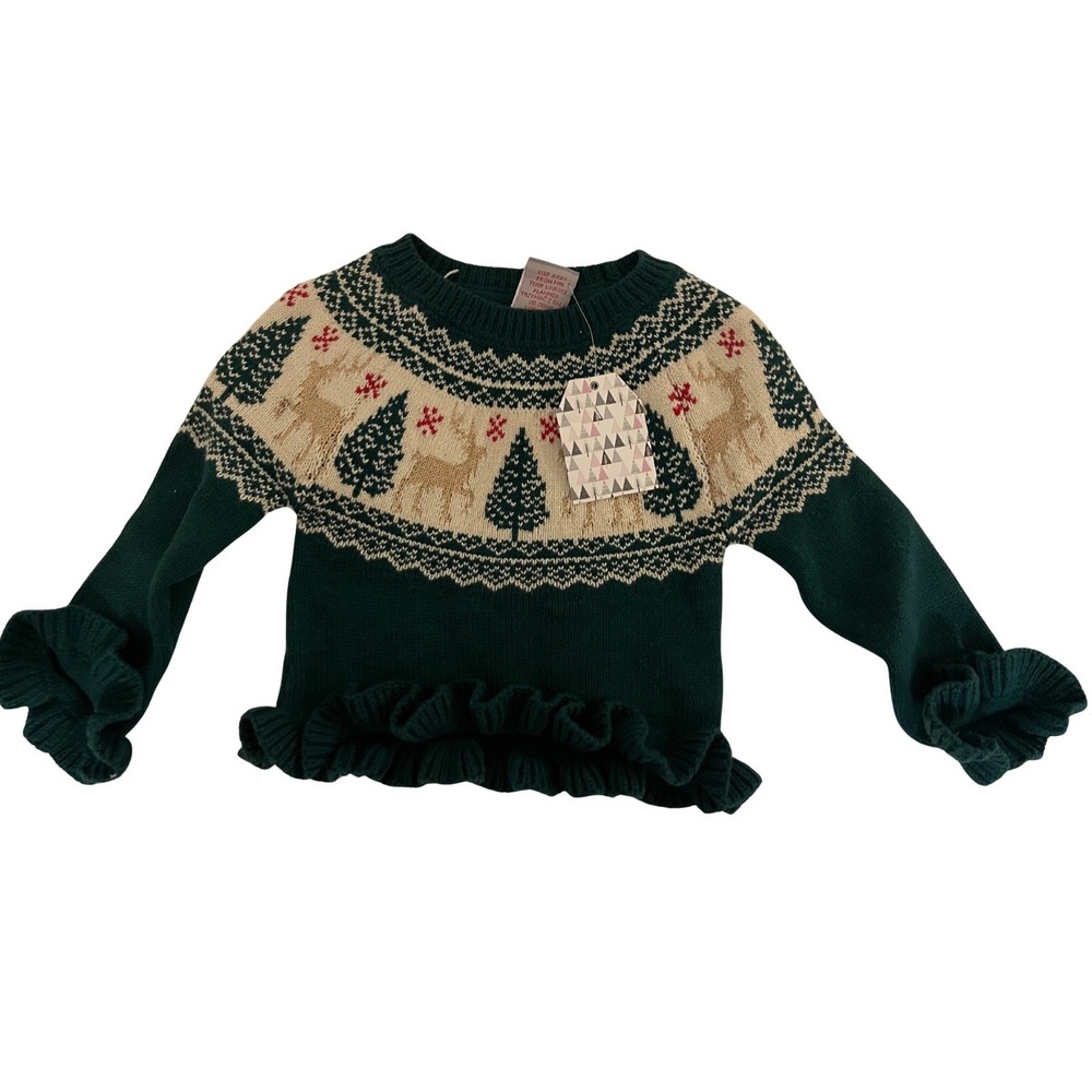 Tahari Girls Christmas Sweater 12 Months Green Beige Reindeer Tree Ruffle NWT